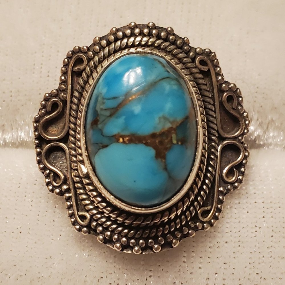 STERLING SILVER BLUE COPPER TURQUOISE RING - Picture 3 of 9